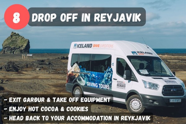 After exiting Garður, and enjoying a hot cocoa, you will be dropped off at your accommodation in Reykjavik.