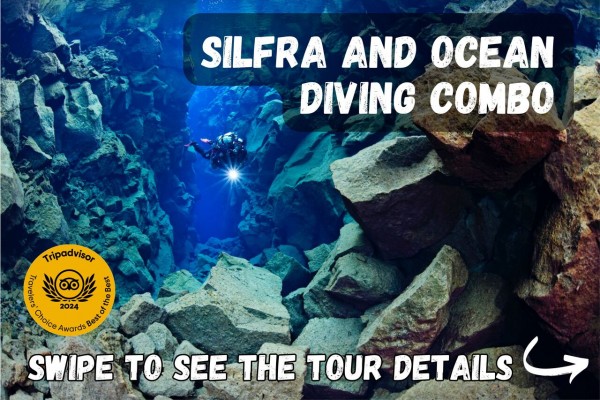 Swipe to see the tour details for the Silfra and Ocean Diving Combo!