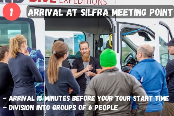 After arriving at the Silfra meeting point, you will check in with your guide and get divided up into groups of 6.