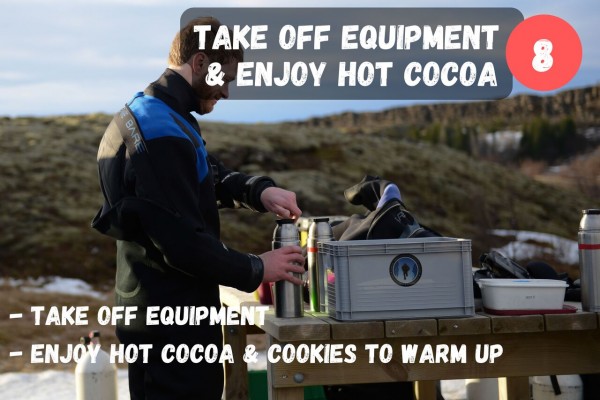 Take off your equipment and enjoy a hot cocoa and cookies to warm up.