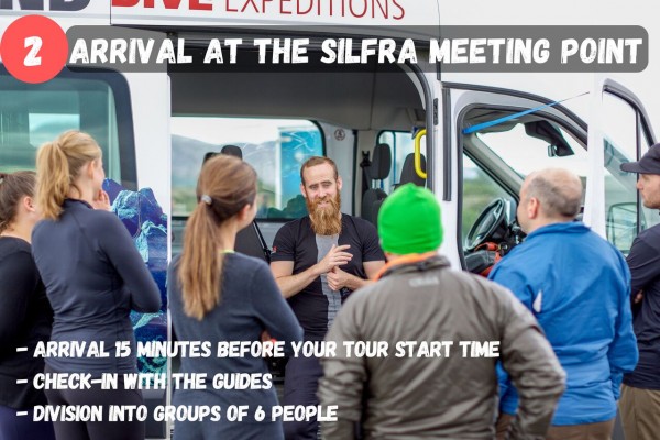 After arriving at the Silfra meeting point, you will check in with your guide and get divided up into groups of 6.