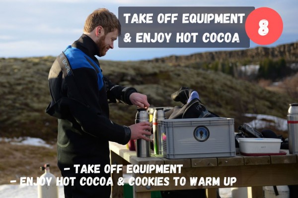 Take off your equipment and enjoy a hot cocoa and cookies to warm up.