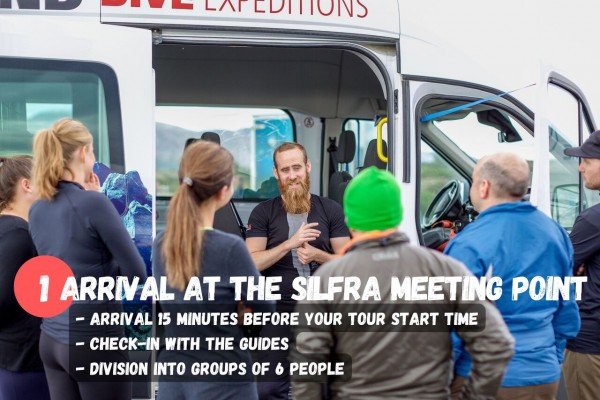 After arriving at the Silfra meeting point, you will check in with your guide and get divided up into groups of 6.