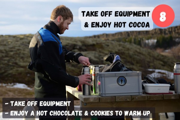 Take off your equipment and enjoy a hot cocoa and cookies to warm up.