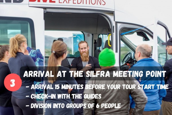 After arriving at the Silfra meeting point, you will check in with your guide and get divided up into groups of 6.