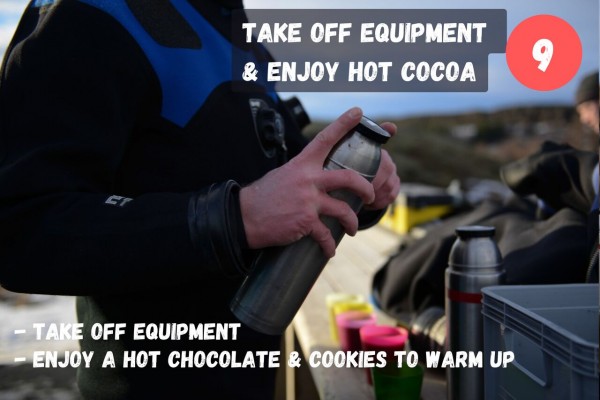 Take off your equipment and enjoy a hot cocoa and cookies to warm up.